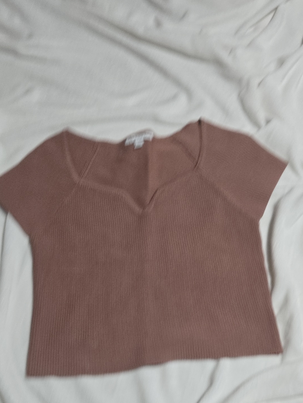 Short Sleeve Ribbed V-Neck Sweater in Mauve